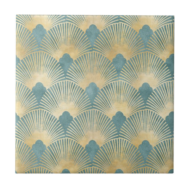 Carreau Beau motif ventilateur, or turquoise, motif Art Dé (Devant)