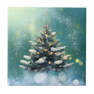 Carreau Beau sapin de Noël avec lumières de neige et d'or
