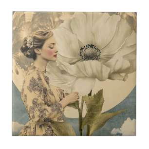 Carreau Beauté Lune - Femme avec Fleur Blanche et Lune