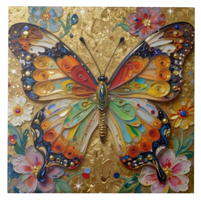 Carreau Beautiful Impasto Butterfly and Flowers   (Devant)