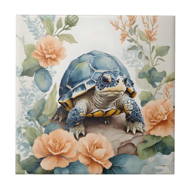 Carreau Bébé mignon Tortoise Pastel Aquarelle Florale (Devant)