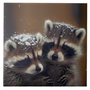 Carreau Bébé Raccoons se blottit dans la neige tombante