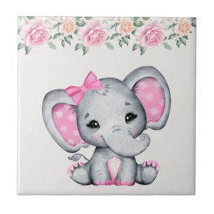 Carreau Bébé rose mignon éléphant et frontière Rose