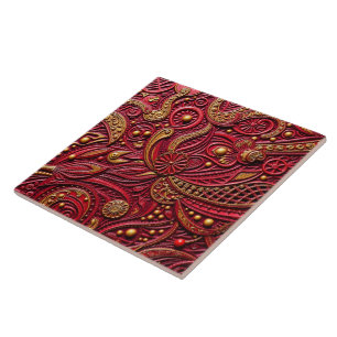 Carreau Belle Abstraction Florale Rouge Rubis et Or