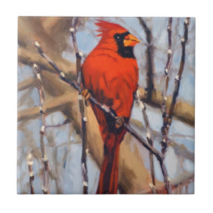 Carreau Belle Cardinal Rouge Oiseau dans un Arbre Dénudé