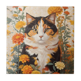 Carreau Belle Chat Calico Avec Fleurs Marigold