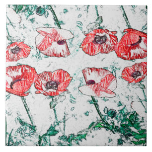 Carreau Belle croquis rouge Trois fleurs de pavot
