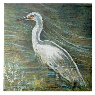 Carreau Belle Egret Shorebird Wading In Water Art