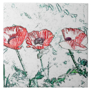Carreau Belle esquisse de trois fleurs de pavot rouges
