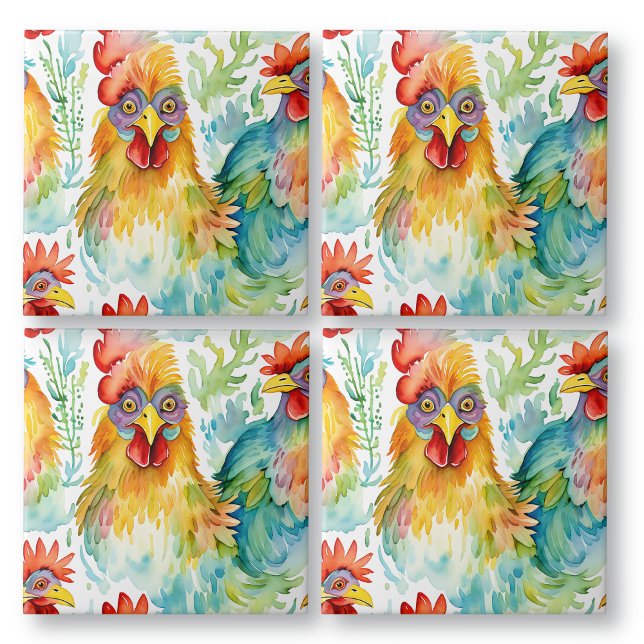 Carreau Belle ferme d'aquarelle poulets Anniversaire (Créateur téléchargé)