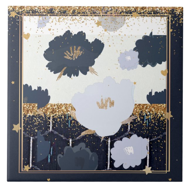 Carreau Belle Marine Bleu et Gold Floral Design (Devant)
