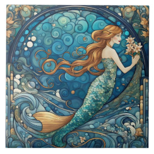 Carreau Belle Sirène Art Nouveau Art Déco Bleu