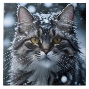 Carreau Belle Tabby Gris Chat dans la neige