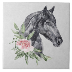 Carreau Belle tête de cheval noir Portrait d'aquarelle