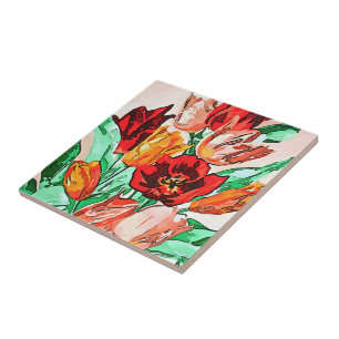 Carreau Belle Tulipes Bouquet Floral Black Outline Art