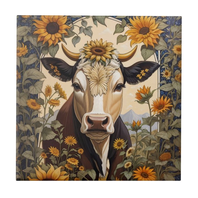 Carreau Belle Vache de campagne tournesol décoratif (Devant)