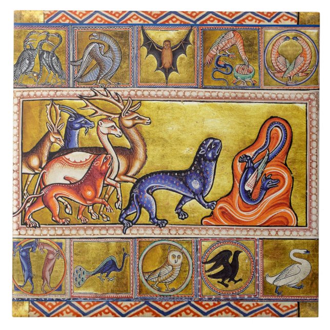 CARREAU BESTIAIRE MÉDIÉVAL, CERFS, CHÈVRE, PANTHÈRE DE CAM (Devant)