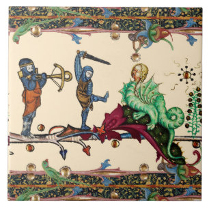 CARREAU BESTIAIRE MÉDIÉVAL, CHEVALIERS ET DRAGON HYBRIDE