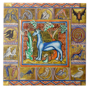 CARREAU BESTIAIRE MÉDIÉVAL LARGE, UNICORN, ANIMAUX FORESTI