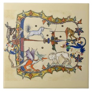 CARREAU BESTIAIRE MÉDIÉVAL LARGE, UNICORN COMBATTRE LUNETT