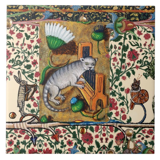 CARREAU BESTIAIRE MÉDIÉVAL, MUSIQUE, CHAT JOUER ORGE (Devant)
