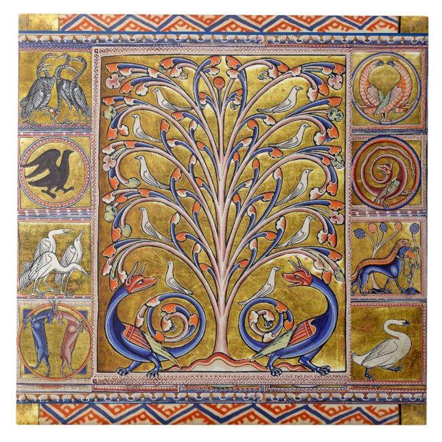 CARREAU BESTIAIRE MÉDIÉVAL, OISEAUX SUR L'ARBRE DE VIE, DR (Devant)