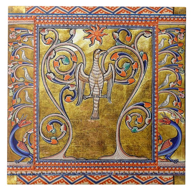 CARREAU BESTIAIRE MÉDIÉVAL, PHOENIX SUR L'ARBRE DE VIE, DR (Devant)