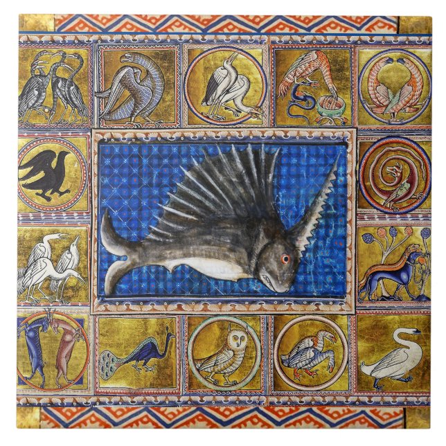 CARREAU BESTIAIRE MÉDIÉVAL, POISSON UNICORNE, ANIMAUX FANT (Devant)