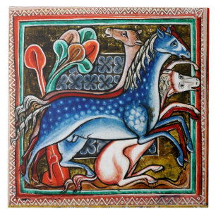 CARREAU BESTIAIRE MÉDIÉVAL, TROIS CHEVAUX EN BOIS