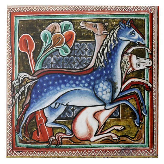 CARREAU BESTIAIRE MÉDIÉVAL, TROIS CHEVAUX EN BOIS (Devant)