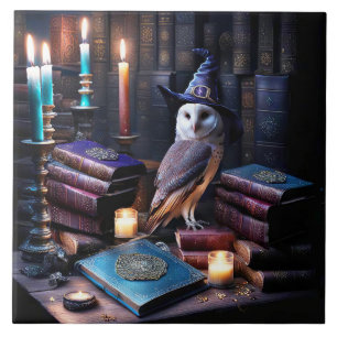 Carreau Bibliothèque et hibou avec bougies Livres mystique