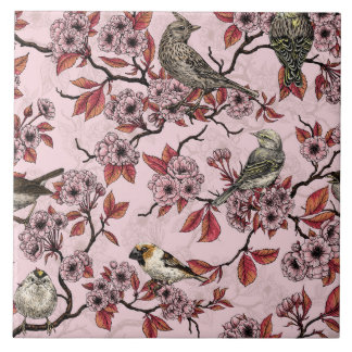 Carreau Birds and cherry blossom on rose pink