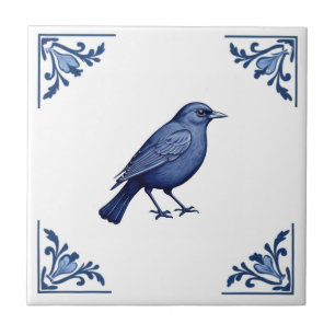 Carreau Blackbird Delft Bleu et blanc Coins floraux Oiseau