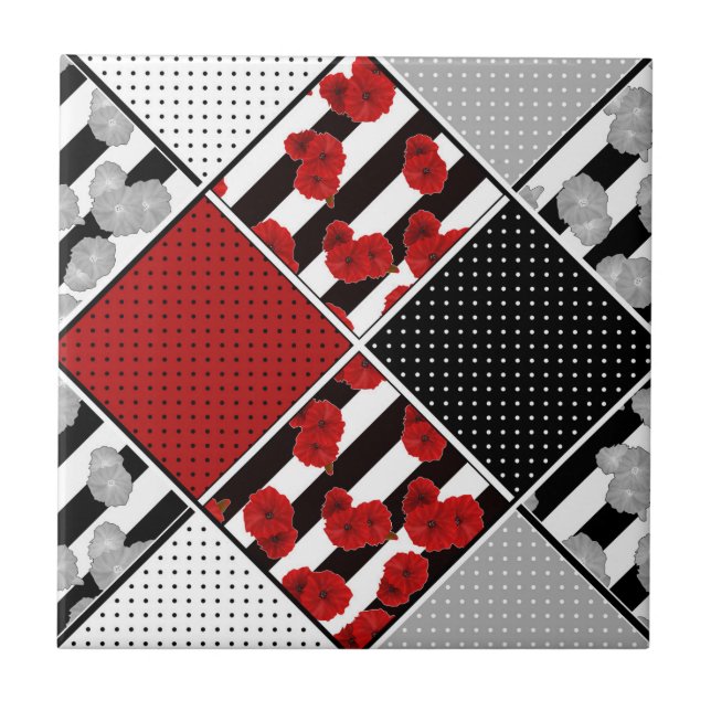 Carreau Blanc noir avec patchwork rétro rouge (Devant)