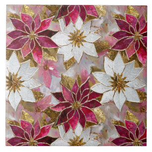 Carreau Blanc Or Bourgogne rose Poinsettias de Noël