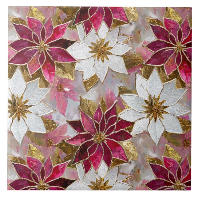 Carreau Blanc Or Bourgogne rose Poinsettias de Noël (Devant)