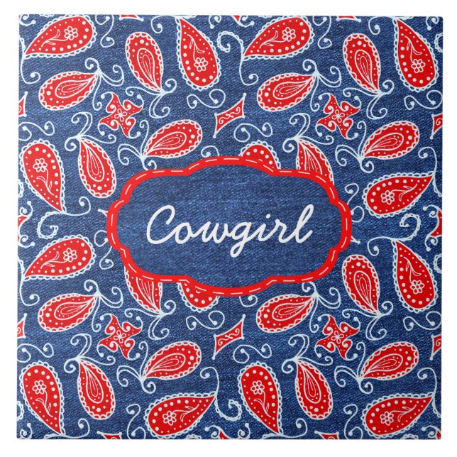 Carreau Blanc rouge floral mignon et blues-jean de Paisley (Devant)
