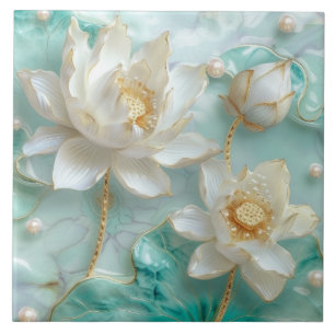 Carreau Blanc Turquoise Aquamarine Gold Lotus Lily Flower