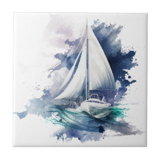 Carreau Bleu Aquarelle Voilier Carrelage en céramique