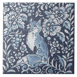 Carreau Bleu blanc classique Forêt de renard orné Art Fl