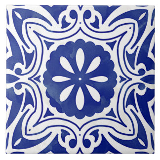 Carreau Bleu Blanc Méditerranéen Abstrait Floral