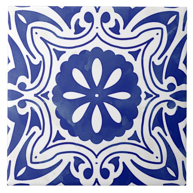 Carreau Bleu Blanc Méditerranéen Abstrait Floral (Devant)