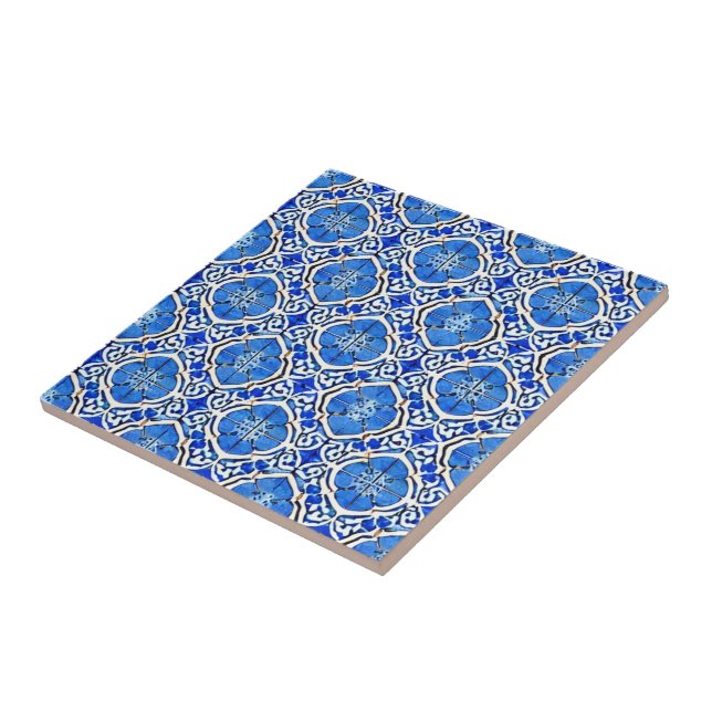 Carreau Bleu blanc motif fleuri style méditerranéen (Côté)