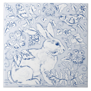 Carreau Bleu Bleu Artistique Lapin Oiseau Floral Delft