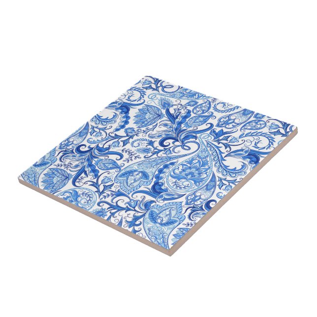 Carreau Bleu Bleu Blanc Floral Motif Paisley (Côté)
