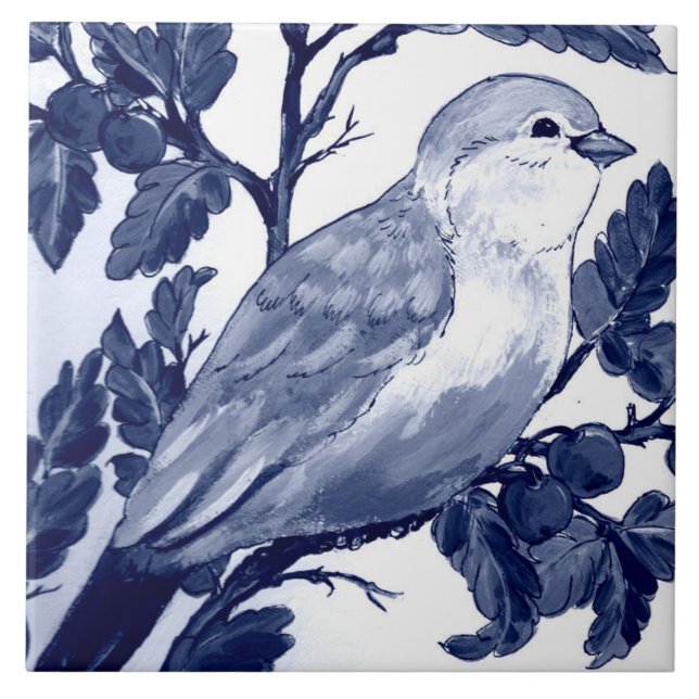 Carreau Bleu bleu marine Oiseau blanc et cerisier Cobalt (Devant)
