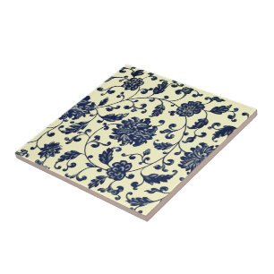 Carreau ~ bleu chinois de fleurs et de feuille de Delft *