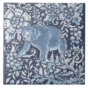 Carreau Bleu classique Blanc Orné Forêt d'Ours Floral Art