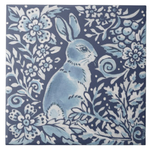 Carreau Bleu classique Blanc Orné Rabbit Fern Floral Art