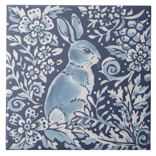 Carreau Bleu classique Blanc Orné Rabbit Fern Floral Art (Devant)